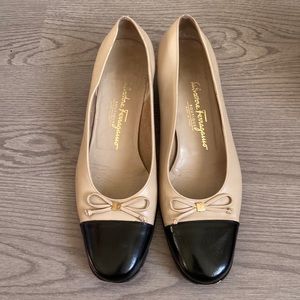 Ferragamo Balade Bone Calf Shoe/Black Patent Toe.